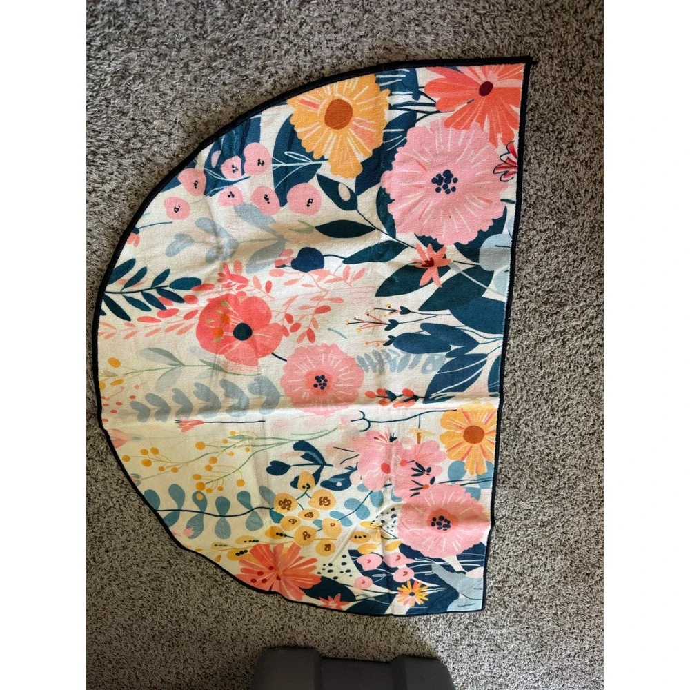 Boho Floral Half Moon Rug Bath Mat Pink Orange Yellow Botanical Semicircle